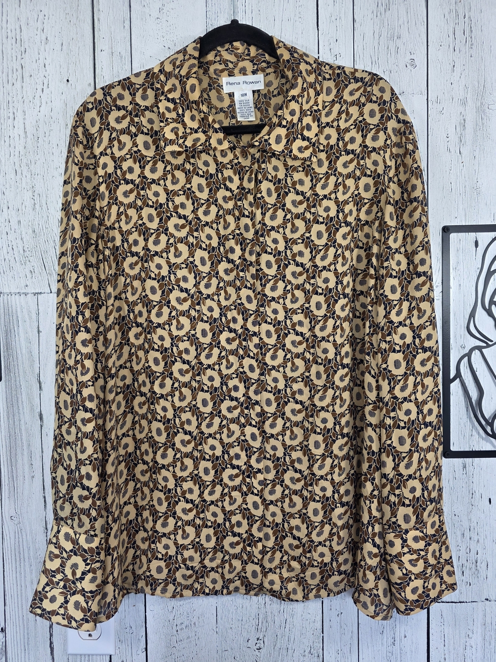 Vintage Rena Rowan 100% Silk Floral Blouse 18W Button Front Cottagecore